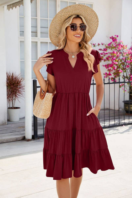 V NECK LOTUS SHORT SLEEVE SOLID COLOR DRESS MID LENGTH