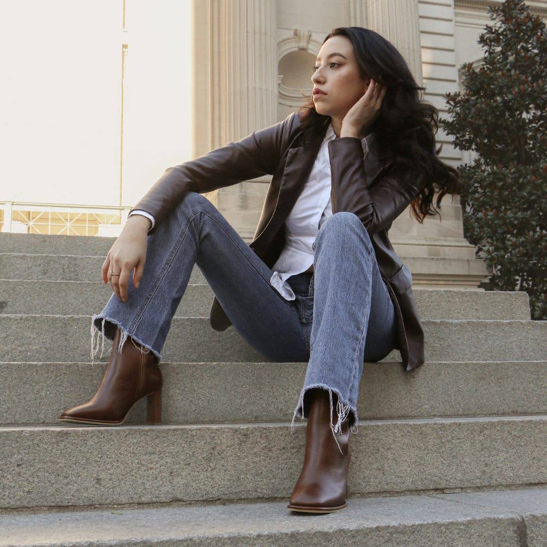 Indigo heeled ankle boots in tan leather