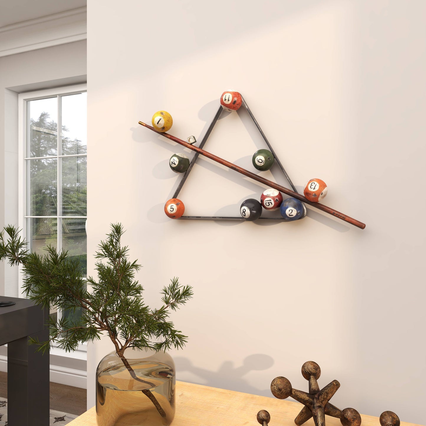 Eclectic Multi Colored Metal Pool Cue Wall Decor