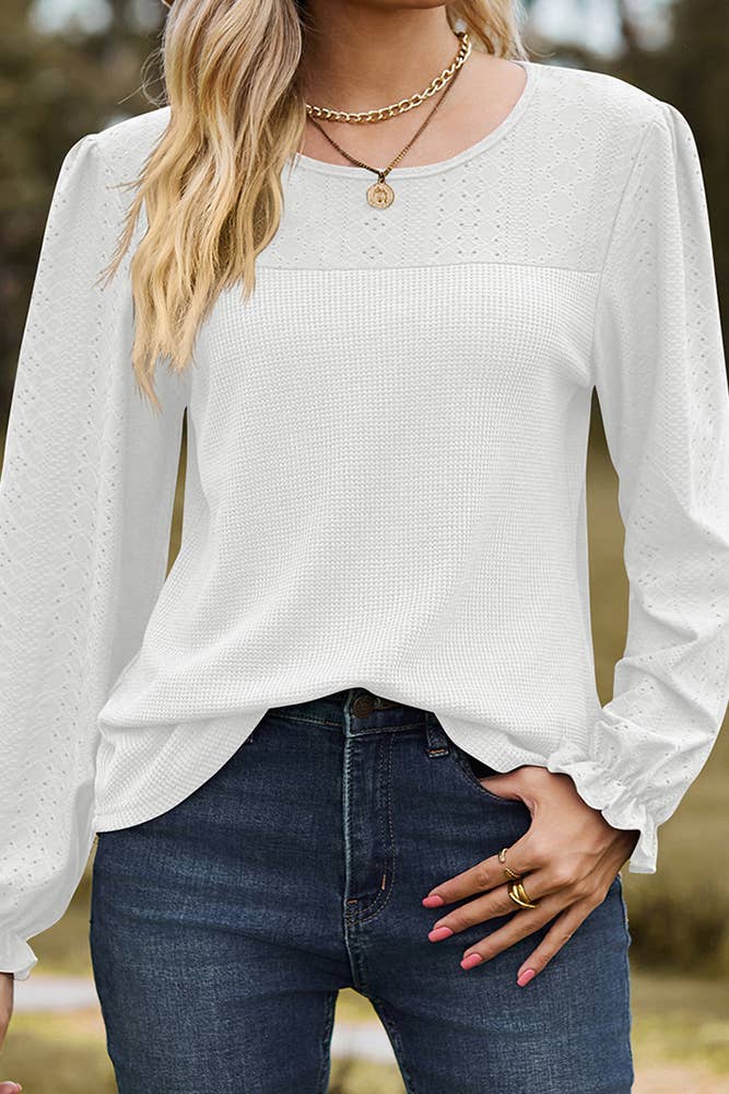 Solid Waffle Knit Long Sleeves Top