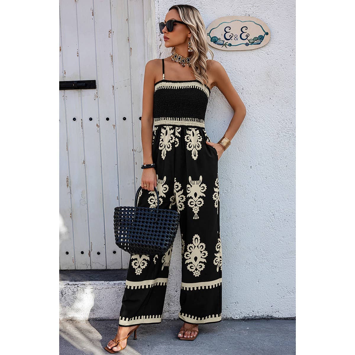 Ruched Printed High Waist Jumpsuit