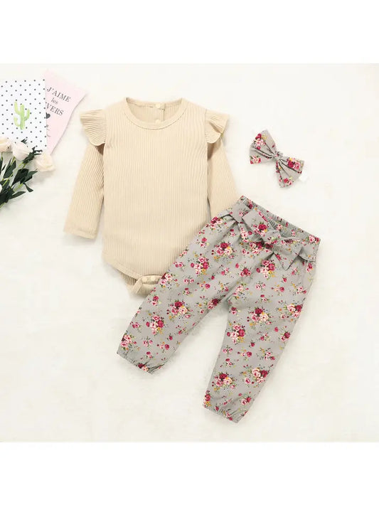 3pcs Khaki Body Suite Flowered Belted Pants Head Bow 6-9