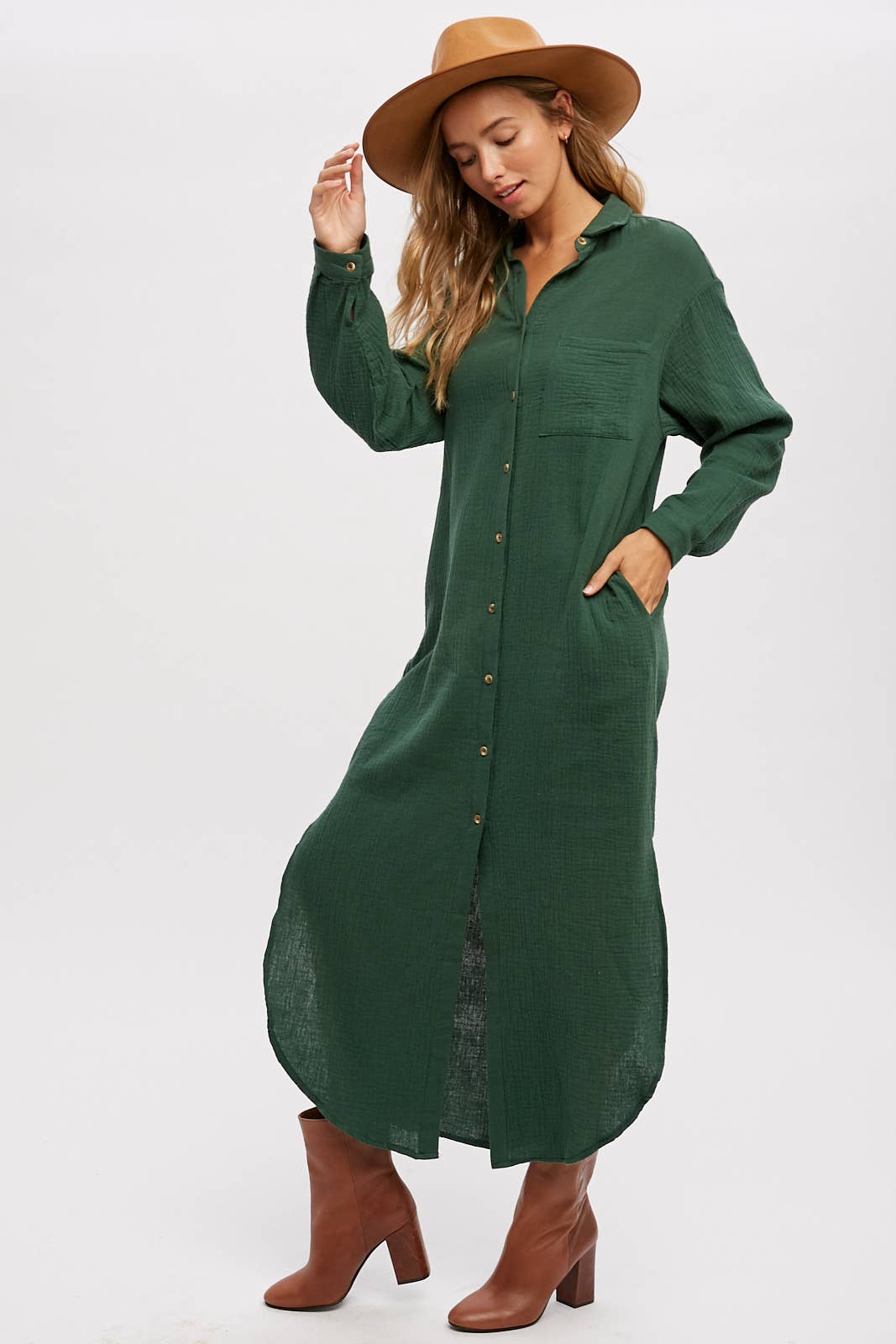 BUTTON UP MAXI SHIRT DRESS WITH POCKET