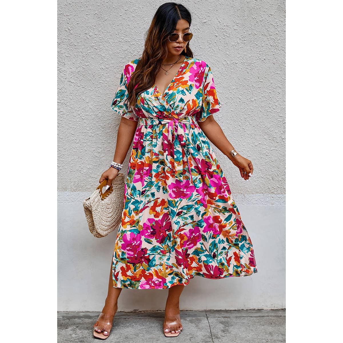 Plus Size Floral Print Cross Belt Fit Dress