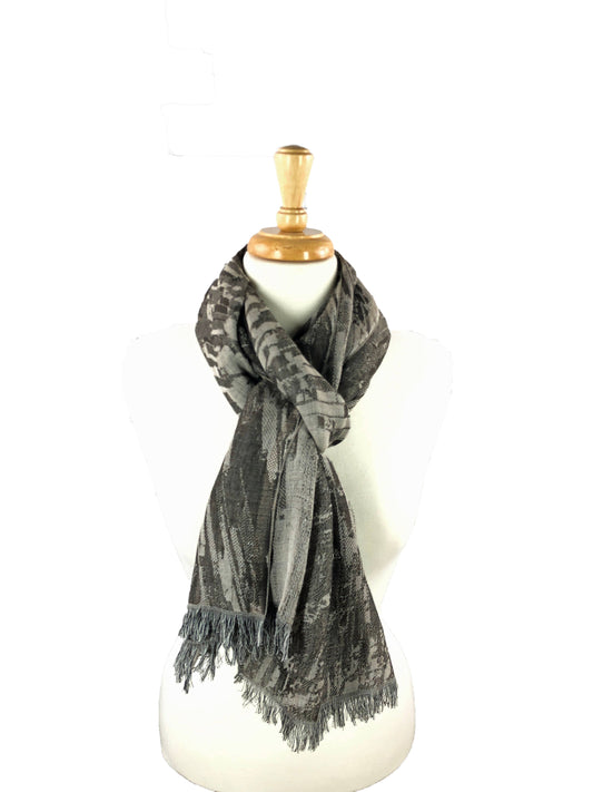 Bark Gray Cotton and Wool Blend Abstract Scarf