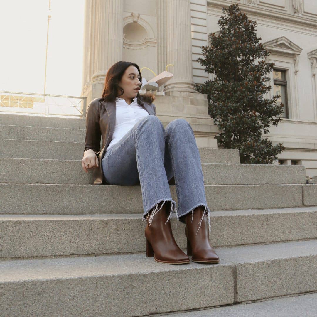 Indigo heeled ankle boots in tan leather