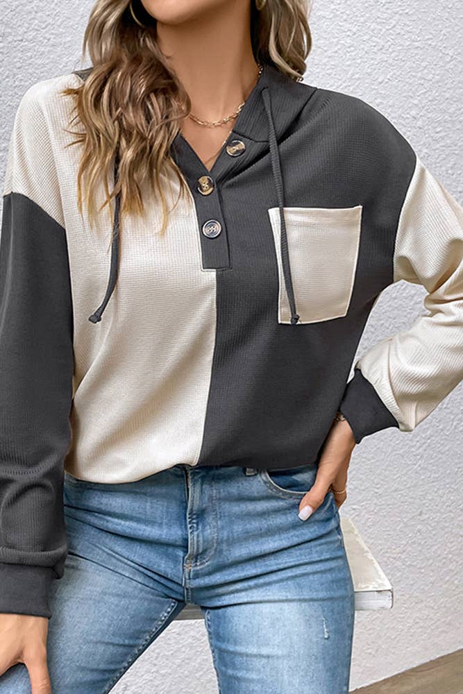 Colorblock Buttoned Hoody Sweatshirt