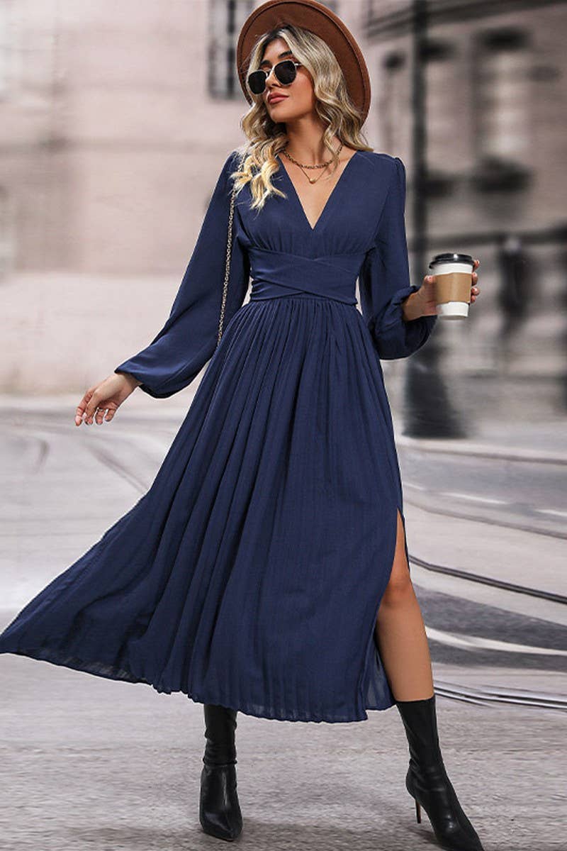 WOMEN LOOSE FIT V NECK LONG SLEEVE SLIT DRESS