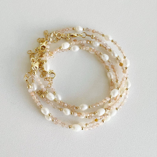 Peach Moonstone Freshwater Pearl Gold Filled Bracelet