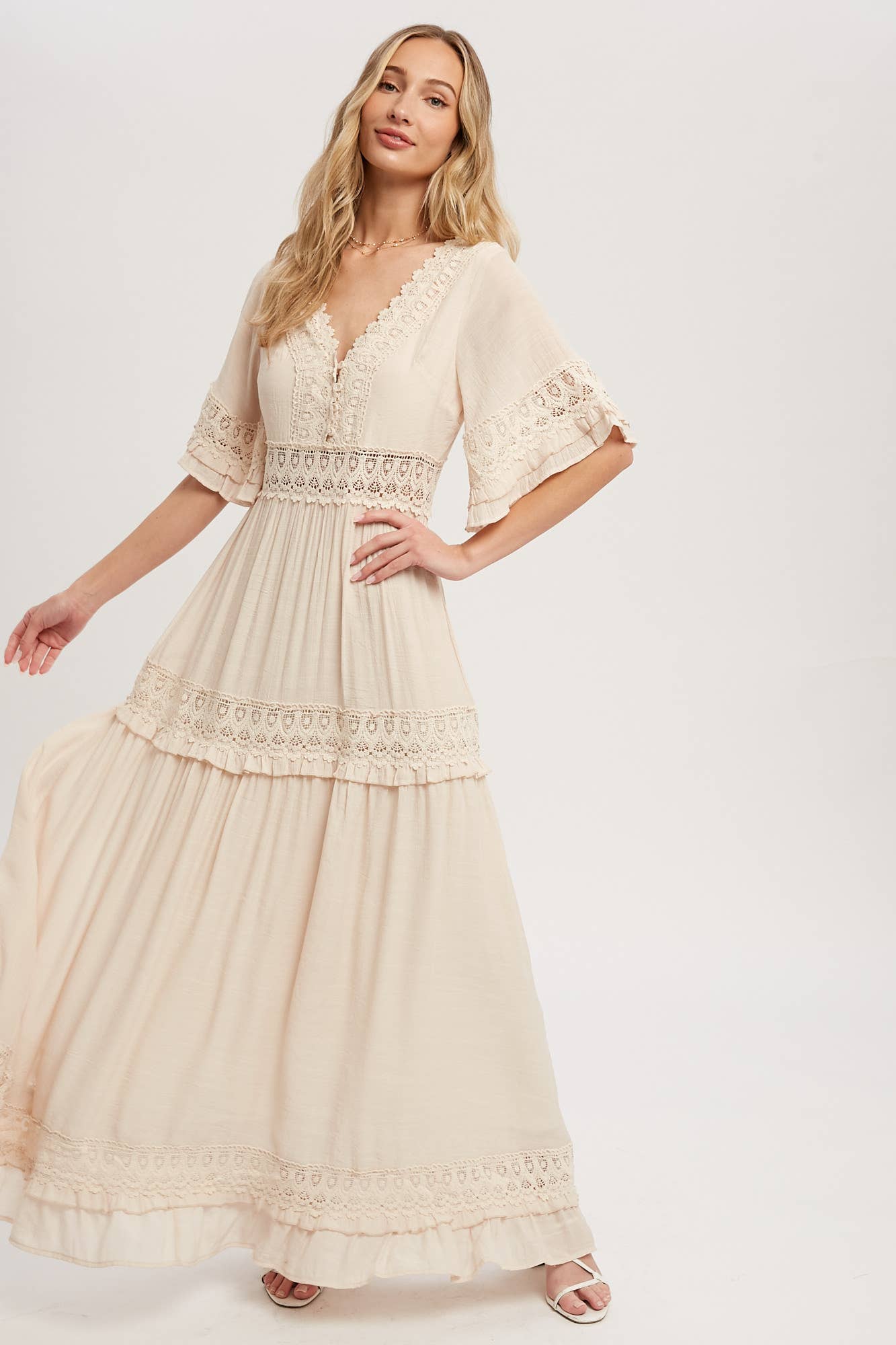 V-NECK LACE TRIM MAXI DRESS