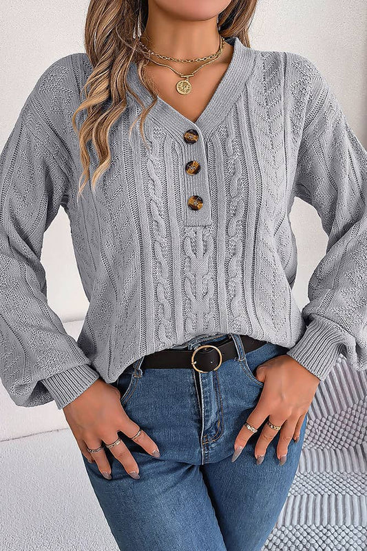 Buttoned V Neck Pullover Cable Knit Sweater